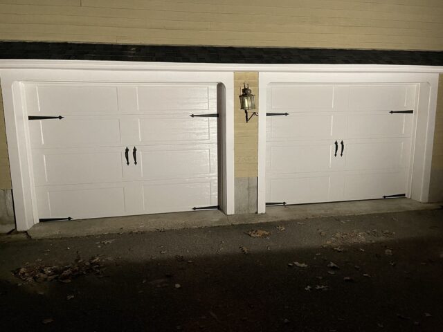 Garage Doors, 2-Panel Design, White Finish & Flat Black Spade Decorative Hardware